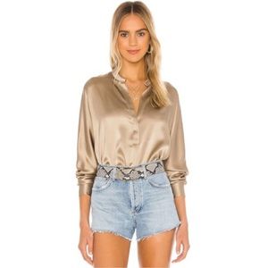 Vince Silk Button Front Blouse Top Gold Khaki Tan